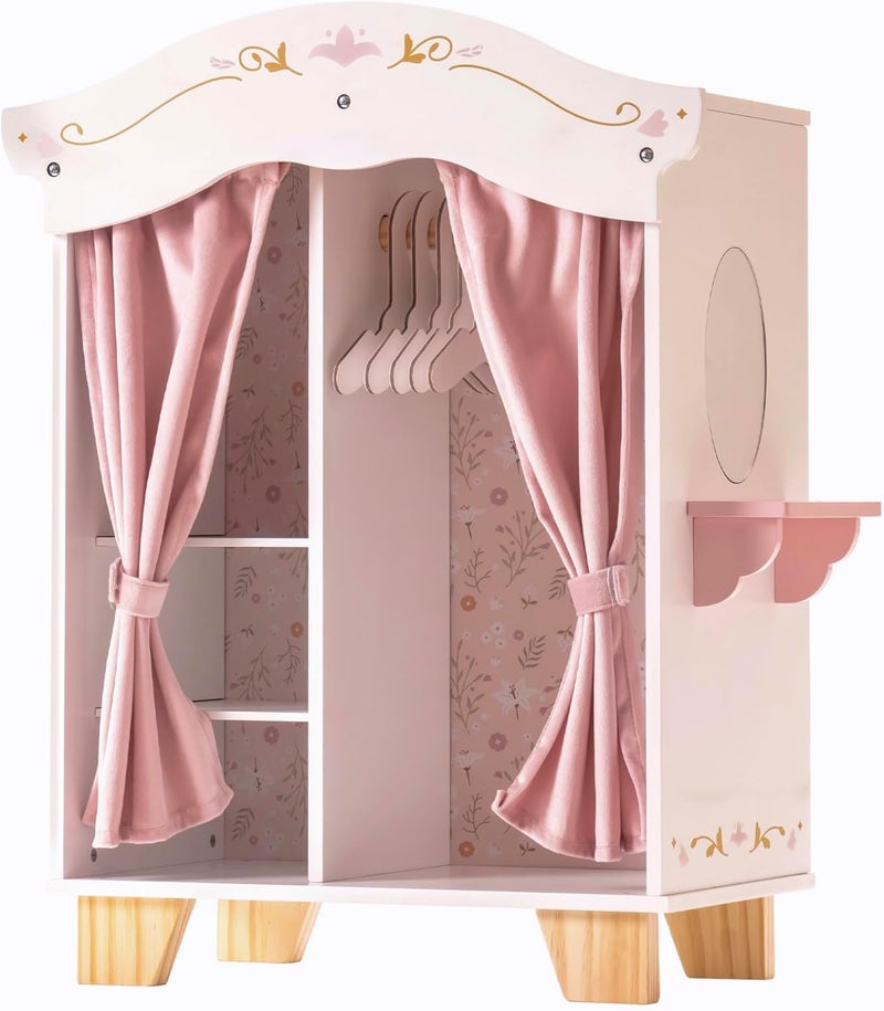 ROBUD Wooden Play Armoire Closet for Dolls, Doll Closet Furniture Wardrobe with 5 Hangers, Mirror, Velvet Curtains, Fit for 16-20in American Girl Doll Clothes, Gift for Boys & Girls, 3+ - Image 1